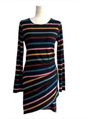 Lumiere Black Multicolor Striped Jersey Long Sleeve Side Ruched Dress Medium NEW